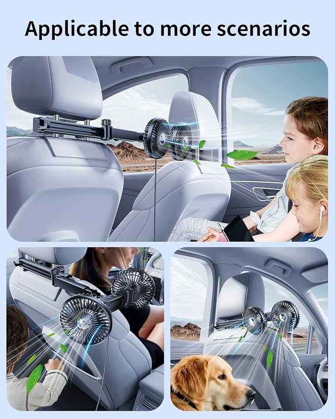 Dual Head Car Fan for Back Seat, USB Powered Car Backseat Fans for Kids Baby Dog,360° Rotatable 3 Speeds Rear, alternate view