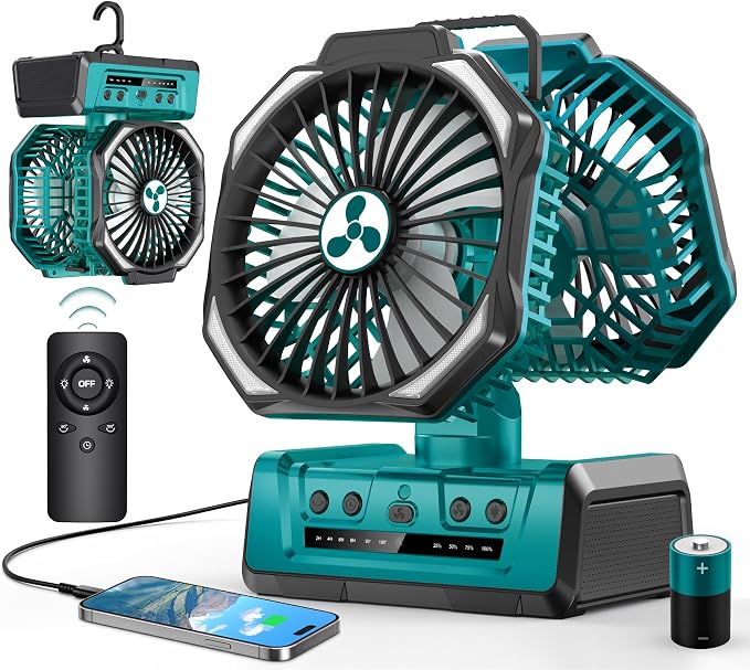 Dual Head Portable Rechargeable Fan 20000mAh Battery Powered Fan Camping Cordless with 360° Air Delivery, LED Lantern &