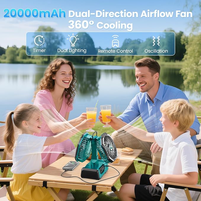 Dual Head Portable Rechargeable Fan 20000mAh Battery Powered Fan Camping Cordless with 360° Air Delivery, LED Lantern &