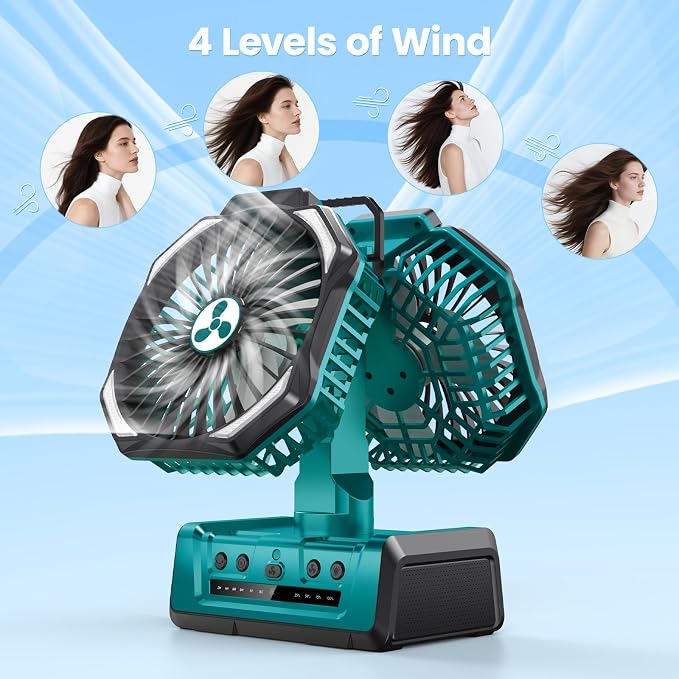 Dual Head Portable Rechargeable Fan 20000mAh Battery Powered Fan Camping Cordless with 360° Air Delivery, LED Lantern &