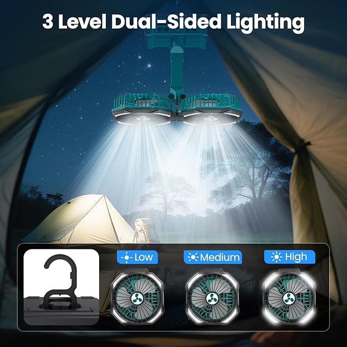 Dual Head Portable Rechargeable Fan 20000mAh Battery Powered Fan Camping Cordless with 360° Air Delivery, LED Lantern &