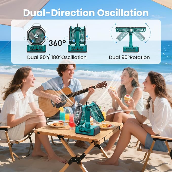 Dual Head Portable Rechargeable Fan 20000mAh Battery Powered Fan Camping Cordless with 360° Air Delivery, LED Lantern &