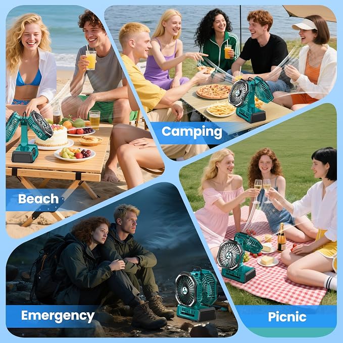 Dual Head Portable Rechargeable Fan 20000mAh Battery Powered Fan Camping Cordless with 360° Air Delivery, LED Lantern &
