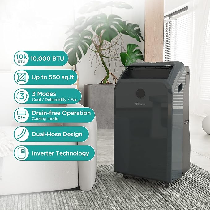 Dual-Hose Portable Air Conditioner with Inverter Technology 10,000 BTU Cooling Dehumidifier Fan for Rooms up to 550 sq ft