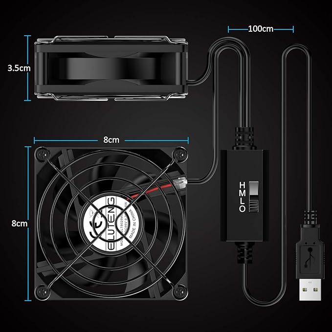 Dual USB Fan 80mm, 3 Speed Adjustable USB Ventilator with 2750RPM 5V Fan for Computer/Laptop/Router/TV Cabinet/DVR/Xbox/Game