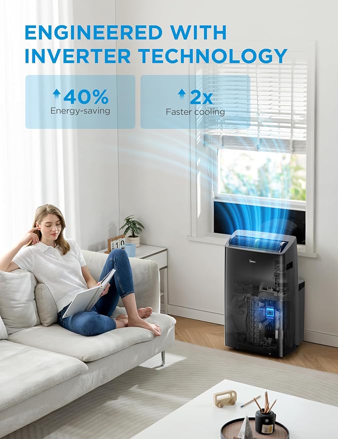 Duo 14,000 BTU (12,000 BTU SACC) High Efficiency Inverter Ultra Quiet Portable Air Conditioner, with Heat up to, alternate