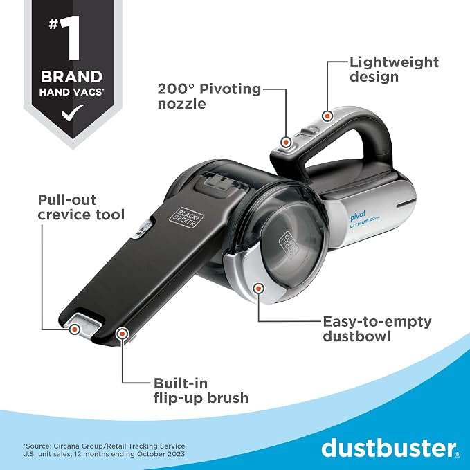 dust buster PIVOT VAC Handheld Vacuum Cordless, Car Vacuum Portable Rechargeable, Extendible Crevice Tool and 200 Degree