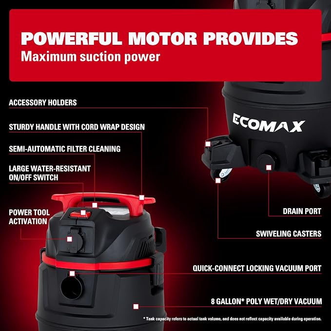 Dust Extractor & 2-in-1, Semi-Automatic Filter Clean, HEPA Filter, 8 Gallon 6.5 HP Wet Dry Vacuum, Anti-Static Hose
