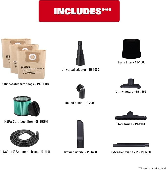 Dust Extractor & 2-in-1, Semi-Automatic Filter Clean, HEPA Filter, 8 Gallon 6.5 HP Wet Dry Vacuum, Anti-Static Hose