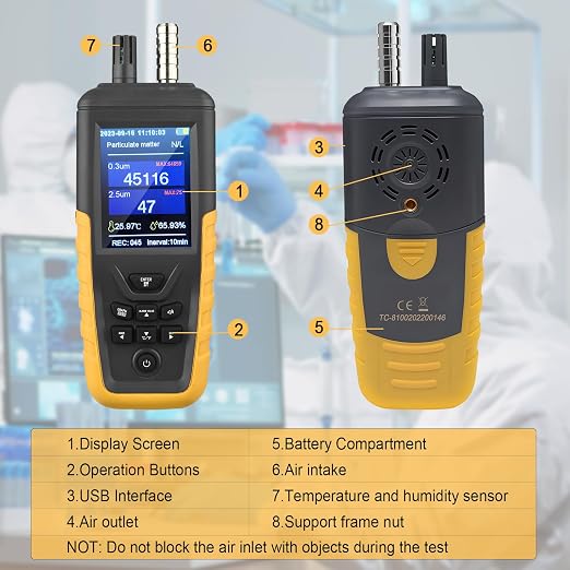 Dust Particle Counter High Sensitivity 3-Channel PM0.3/2.5/10 um Air Quality Monitor 0~1000μg/m3 USB Rechargeable Data