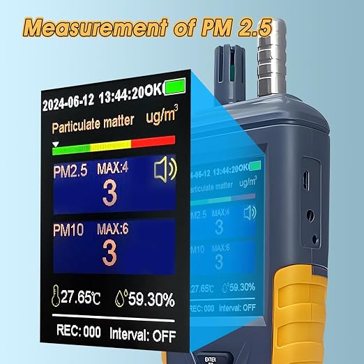 Dust Particle Counter High Sensitivity 3-Channel PM0.3/2.5/10 um Air Quality Monitor 0~1000μg/m3 USB Rechargeable Data