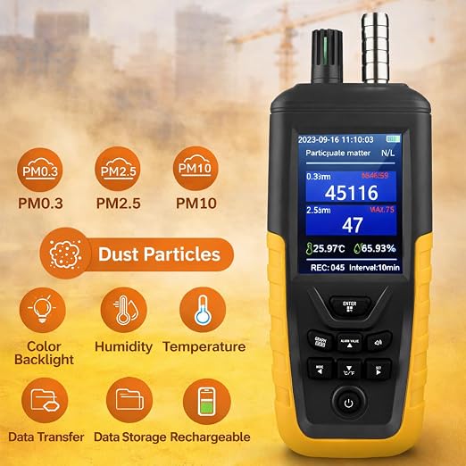Dust Particle Counter, High Sensitivity 3-Channel PM0.3/2.5/10 um Air Quality Monitor, 0-1000μg/m3 USB Rechargeable with Data
