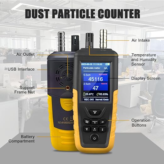 Dust Particle Counter, High Sensitivity 3-Channel PM0.3/2.5/10 um Air Quality Monitor, 0-1000μg/m3 USB Rechargeable with Data