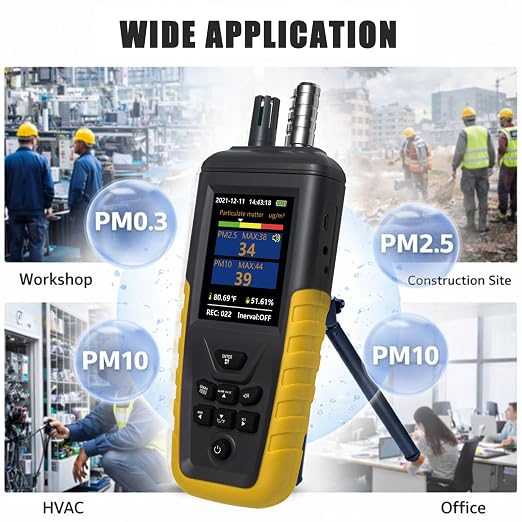 Dust Particle Counter, High Sensitivity 3-Channel PM0.3/2.5/10 um Air Quality Monitor, 0-1000μg/m3 USB Rechargeable with Data