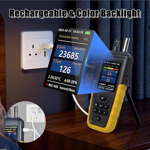 Dust Particle Counter, High Sensitivity 3-Channel PM0.3/2.5/10 um Air Quality Monitor, 0-1000μg/m3 USB Rechargeable with Data