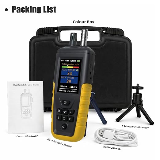 Dust Particle Counter, High Sensitivity 3-Channel PM0.3/2.5/10 um Air Quality Monitor, 0-1000μg/m3 USB Rechargeable with Data