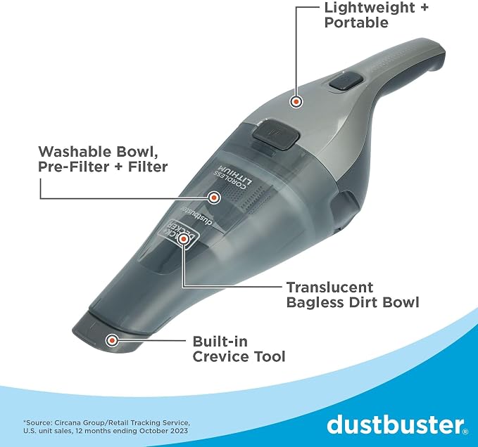 dustbuster Handheld Vacuum, 8V Cordless, Hand Vacuum for Quick Cleanup with Crevice Tool and Washable Filter (HNVC220BCZ01)