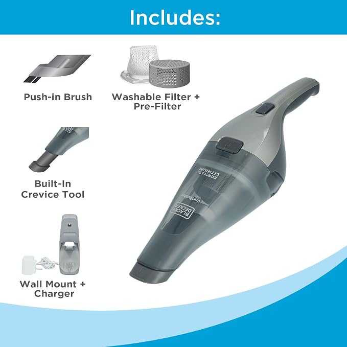 dustbuster Handheld Vacuum, 8V Cordless, Hand Vacuum for Quick Cleanup with Crevice Tool and Washable Filter (HNVC220BCZ01)