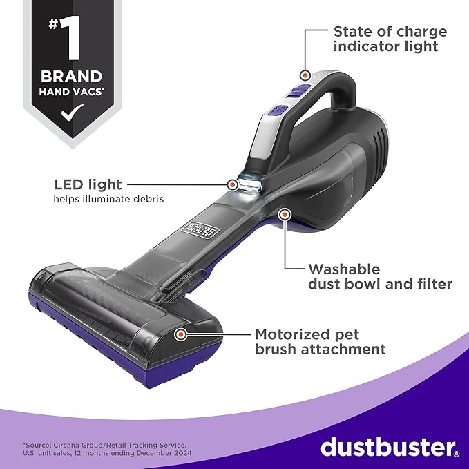 dustbuster Reveal Pet Hair Vacuum, Hand Held Vacuum Cordless Portable for Home and Car, Rechargeable, LED Light, Powerful