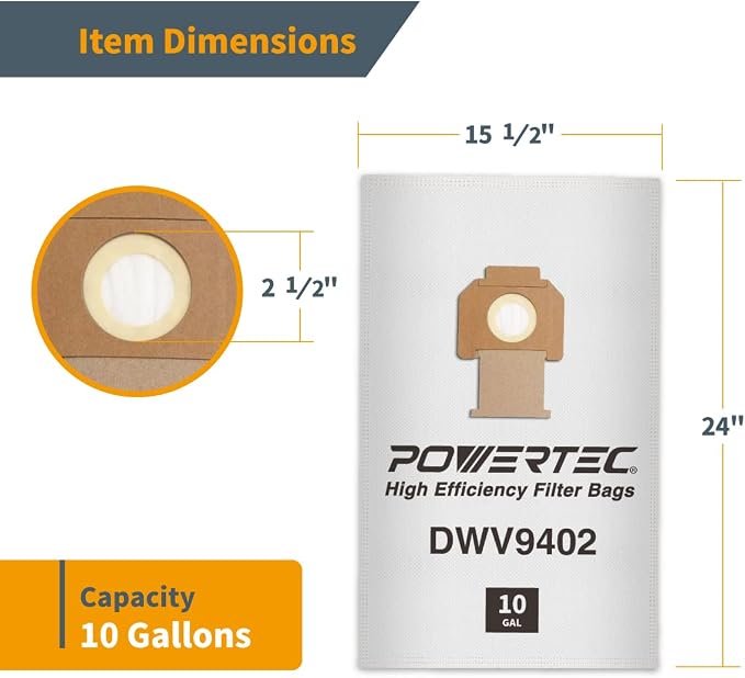 DWV9402 Fleece Bags for 70PK, for DWV010, DWV012, DWV015 8 & 10 Gallon Dust Extractor, Replacement Shop Vacuum