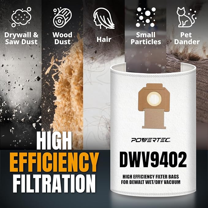 DWV9402 Fleece Bags for 70PK, for DWV010, DWV012, DWV015 8 & 10 Gallon Dust Extractor, Replacement Shop Vacuum