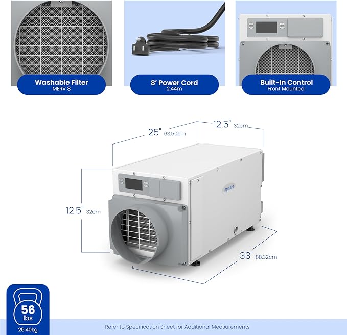 E070 Crawl Space Dehumidifier for Basement & Crawlspace – 70-Pint High-Capacity Commercial Dehumidifier for Homes Up to