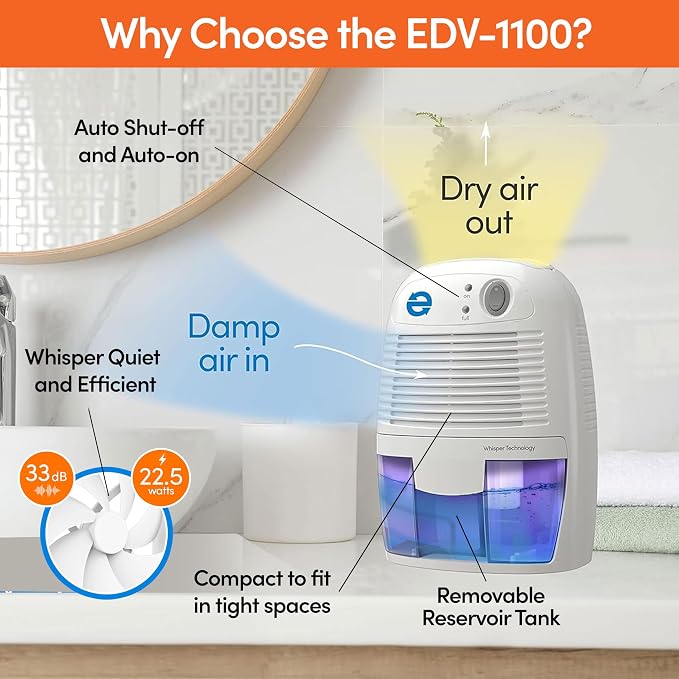 EDV-1100 Whisper-quiet 16 OZ Dehumidifier with Auto Shut Off and Restart for small spaces in your Home, RV, Automobile