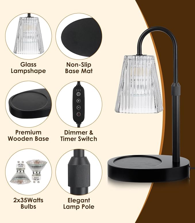 Electric Candle Lamps Warmer with Dimmer Adjustable Height Timer Lamp Candles Warmers Glass Vintage, alternate product view 2