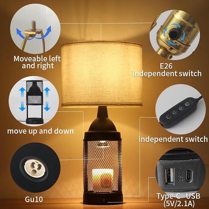 Electric Candle Warmer Lamp Dlack,24H Cycle Timer, Dimmable, Dual Charging Port, Wax Melt Warmer with 2 Bulbs,Country Lamps