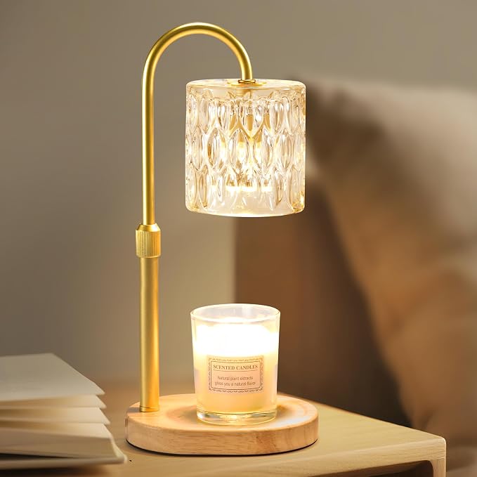 Electric Candle Warmer Lamp with Timer & Dimmer, Adjustable Height Wax Melt Warmer for Jar Candles, Wood Base Candle Melter