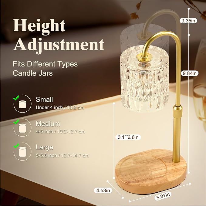Electric Candle Warmer Lamp with Timer & Dimmer, Adjustable Height Wax Melt Warmer for Jar Candles, Wood Base Candle Melter