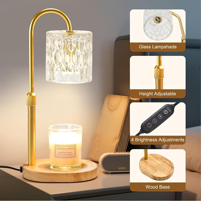 Electric Candle Warmer Lamp with Timer & Dimmer, Adjustable Height Wax Melt Warmer for Jar Candles, Wood Base Candle Melter