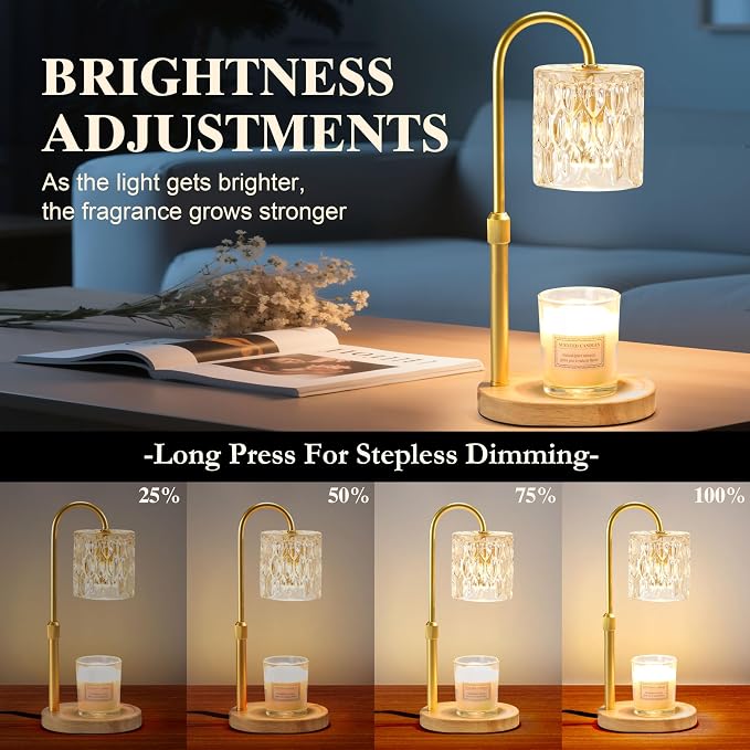 Electric Candle Warmer Lamp with Timer & Dimmer, Adjustable Height Wax Melt Warmer for Jar Candles, Wood Base Candle Melter