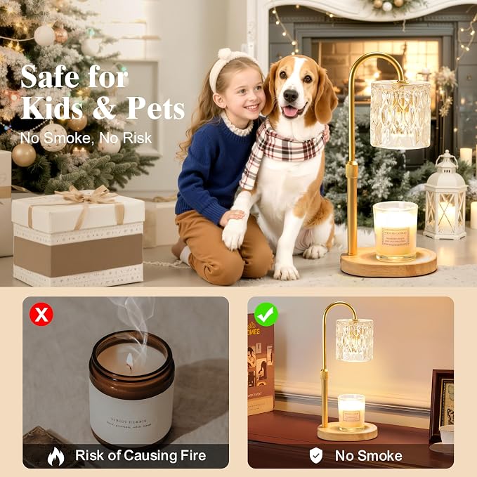 Electric Candle Warmer Lamp with Timer & Dimmer, Adjustable Height Wax Melt Warmer for Jar Candles, Wood Base Candle Melter