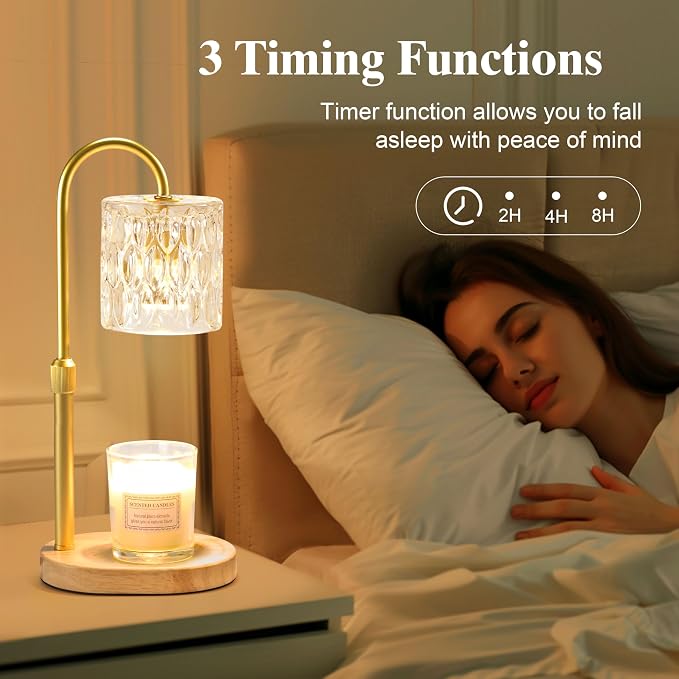 Electric Candle Warmer Lamp with Timer & Dimmer, Adjustable Height Wax Melt Warmer for Jar Candles, Wood Base Candle Melter