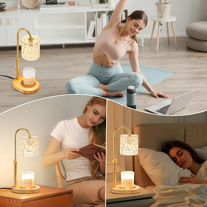 Electric Candle Warmer Lamp with Timer & Dimmer, Adjustable Height Wax Melt Warmer for Jar Candles, Wood Base Candle Melter