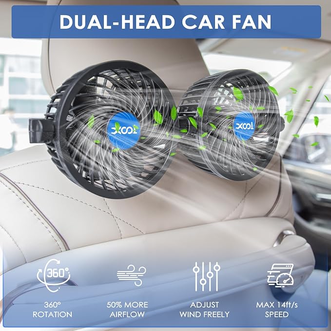 Electric Car Fans for Rear Seat Passenger Portable Fans Headrest 360 Degree Rotatable Backseat Car Fan 12V Cooling Air Fan