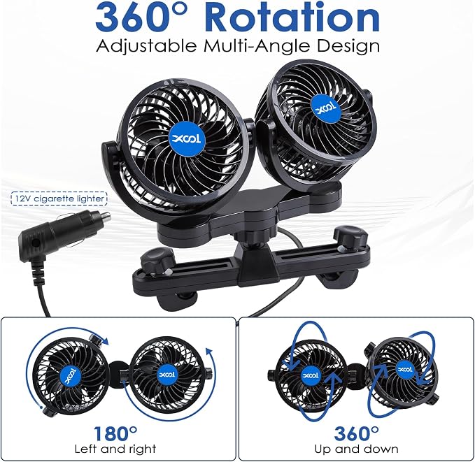 Electric Car Fans for Rear Seat Passenger Portable Fans Headrest 360 Degree Rotatable Backseat Car Fan 12V Cooling Air Fan