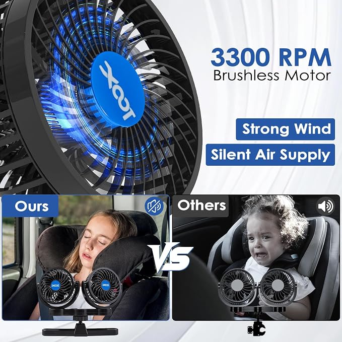 Electric Car Fans for Rear Seat Passenger Portable Fans Headrest 360 Degree Rotatable Backseat Car Fan 12V Cooling Air Fan