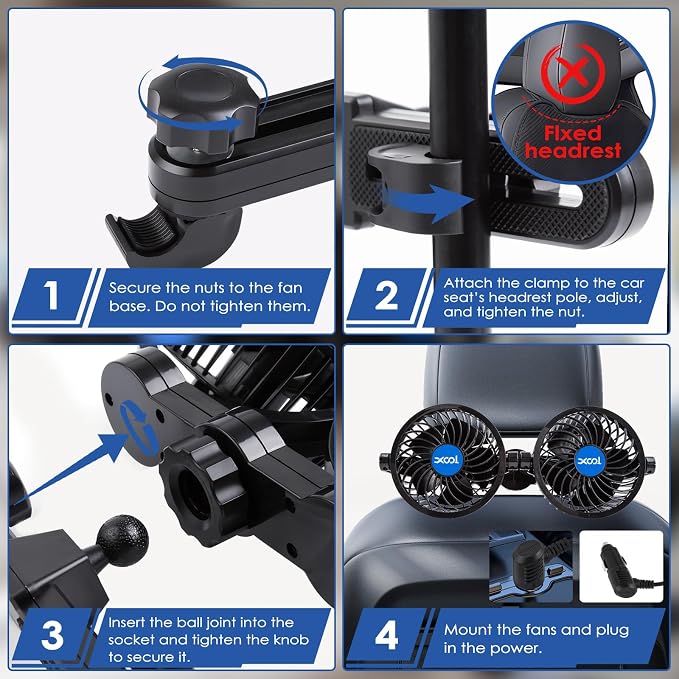 Electric Car Fans for Rear Seat Passenger Portable Fans Headrest 360 Degree Rotatable Backseat Car Fan 12V Cooling Air Fan