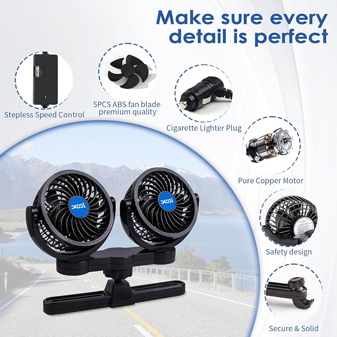Electric Car Fans for Rear Seat Passenger Portable Fans Headrest 360 Degree Rotatable Backseat Car Fan 12V Cooling Air Fan