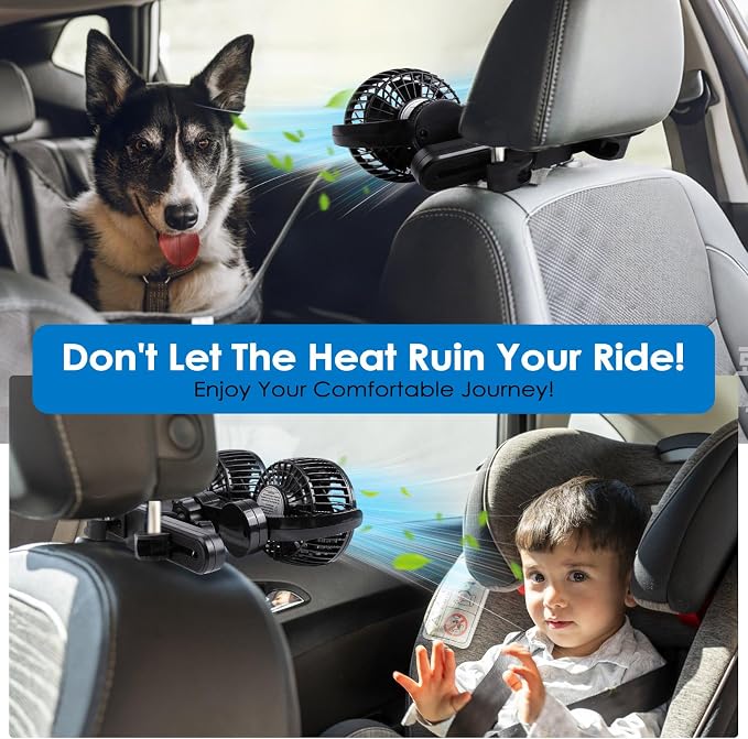Electric Car Fans for Rear Seat Passenger Portable Fans Headrest 360 Degree Rotatable Backseat Car Fan 12V Cooling Air Fan