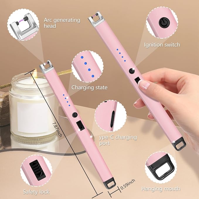 Electric Lighter, Rechargeable Lighter with Battery Indicator Light and Safety Switch, Electric Candle Lighters for Scented