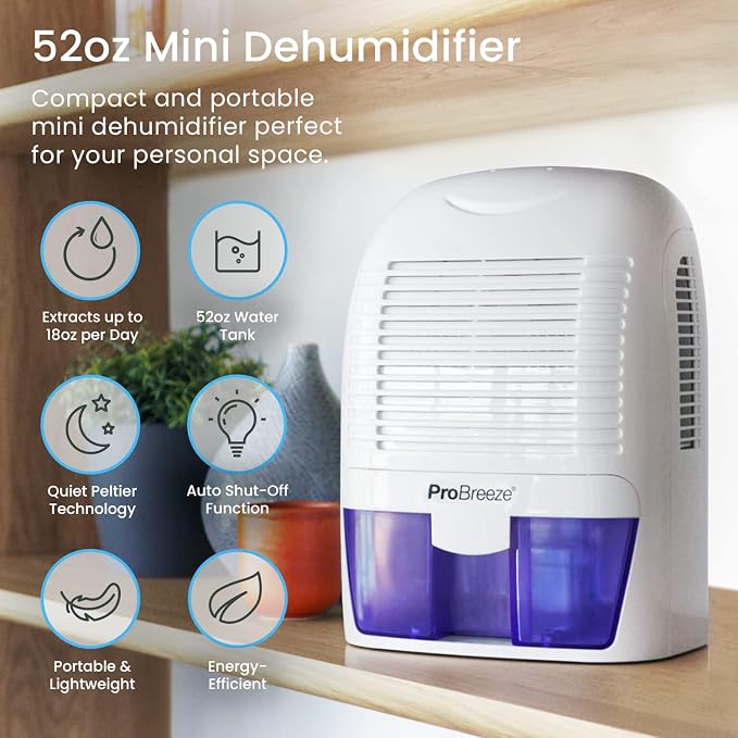 Electric Mini Dehumidifier, 2200 Cubic Feet (250 sq ft), Compact and Portable for High Humidity in Home, Kitchen, Bedroom