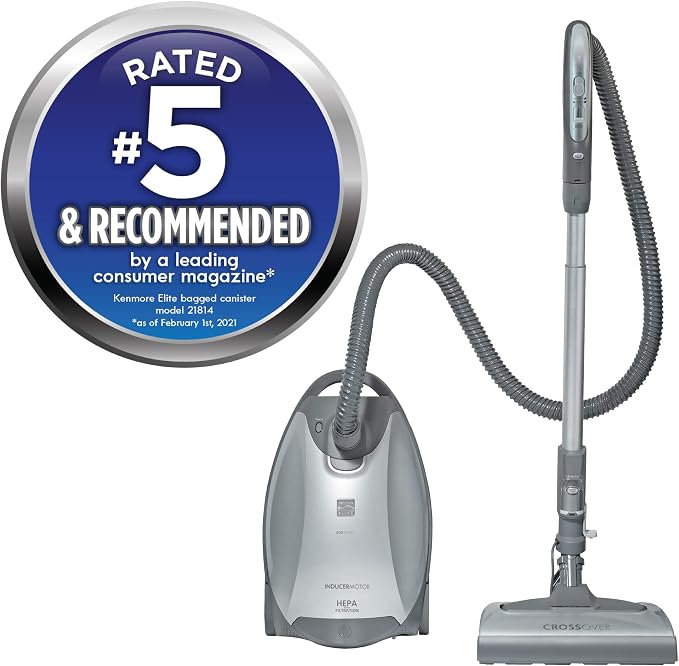 Elite 21814 Pet Friendly CrossOver Lightweight Bagged HEPA Canister Vacuum with Pet PowerMate, Extended Telescoping Wand