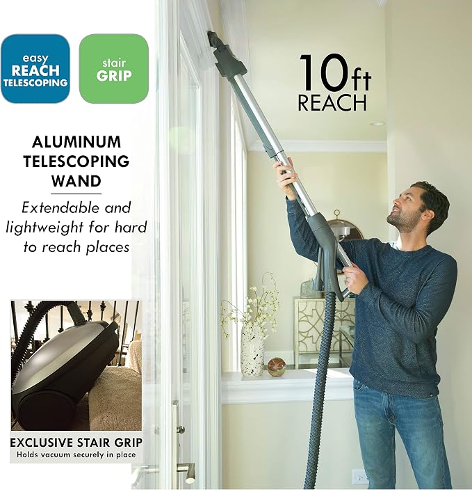 Elite 21814 Pet Friendly CrossOver Lightweight Bagged HEPA Canister Vacuum with Pet PowerMate, Extended Telescoping Wand