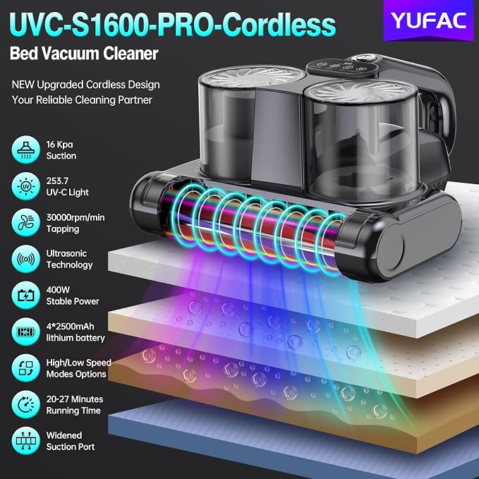 EliteClean Mattress Vacuum Cleaner Cordless Bed Vacuum with 16Kpa Suction 253.7nm UV-C Light, Ultrasonic Technology