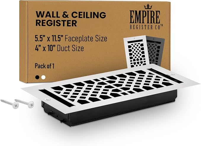 Metal Wall & Ceiling Vent Cover (4x10 inch) - Antique Style Design, White Finish, Steel Damper Attached