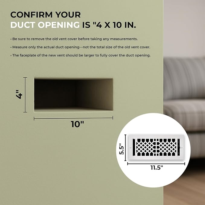 Metal Wall & Ceiling Vent Cover (4x10 inch) - Antique Style Design, White Finish, Steel Damper Attached
