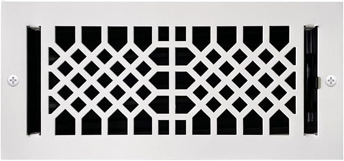 Metal Wall & Ceiling Vent Cover (4x10 inch) - Antique Style Design, White Finish, Steel Damper Attached